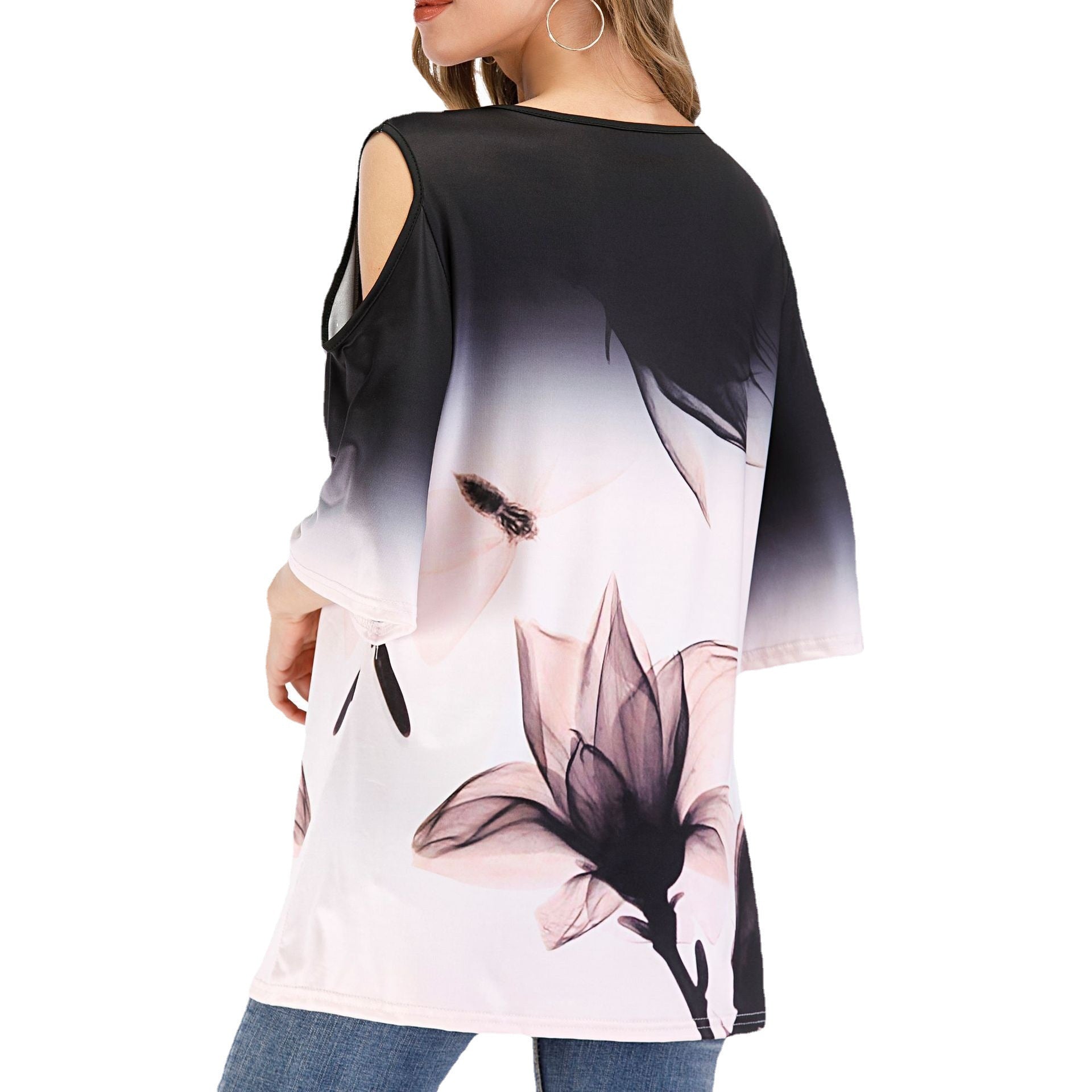 Women's Loose 3D Flower Print Round Neck Off Shoulder Short Sleeve T-Shirt