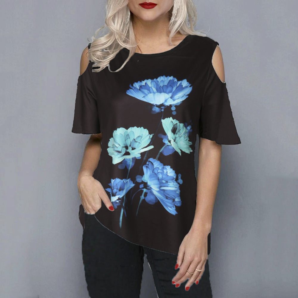 Women's Loose 3D Flower Print Round Neck Off Shoulder Short Sleeve T-Shirt