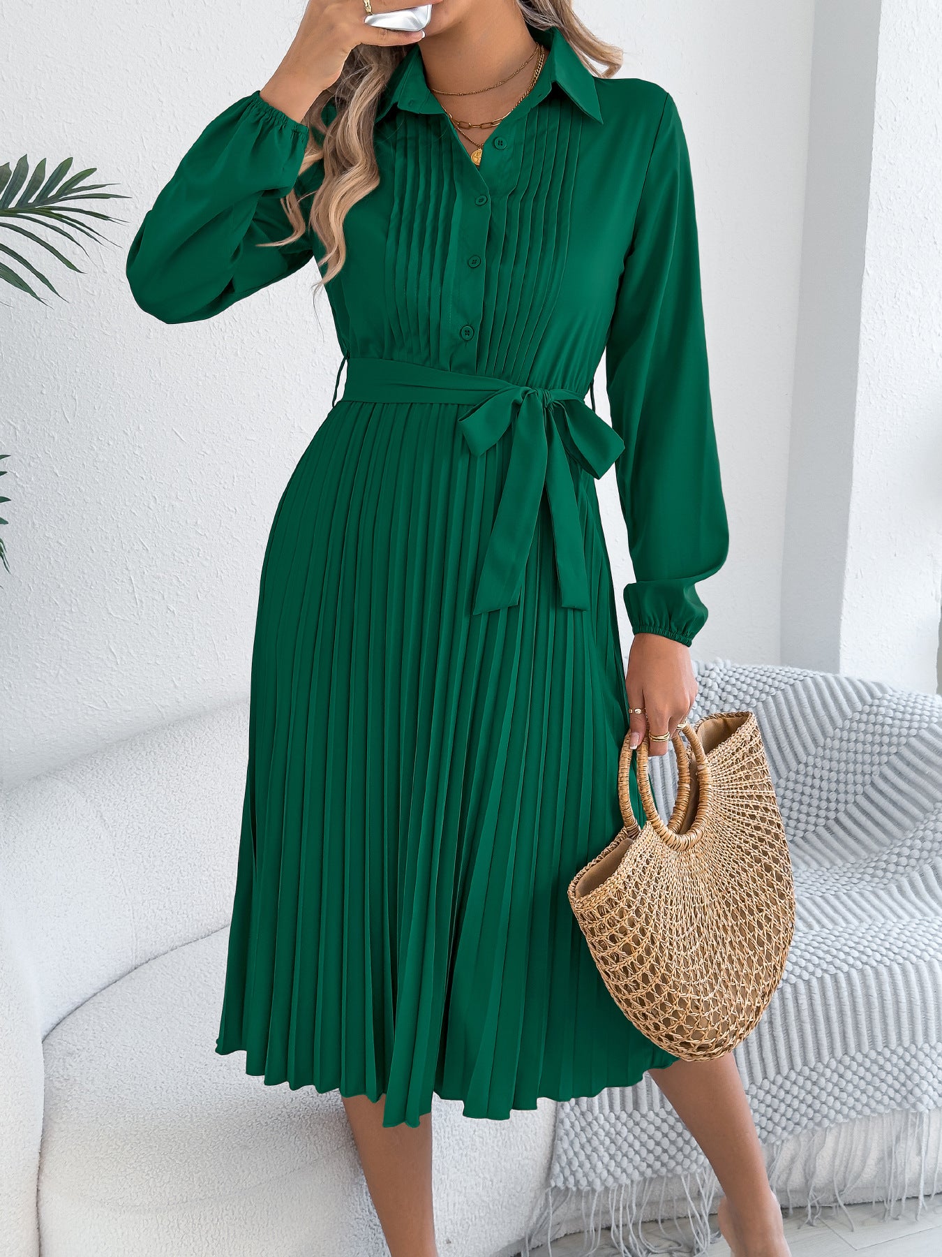 Solid Color Lapel Long Sleeve Waist Pleated Dress