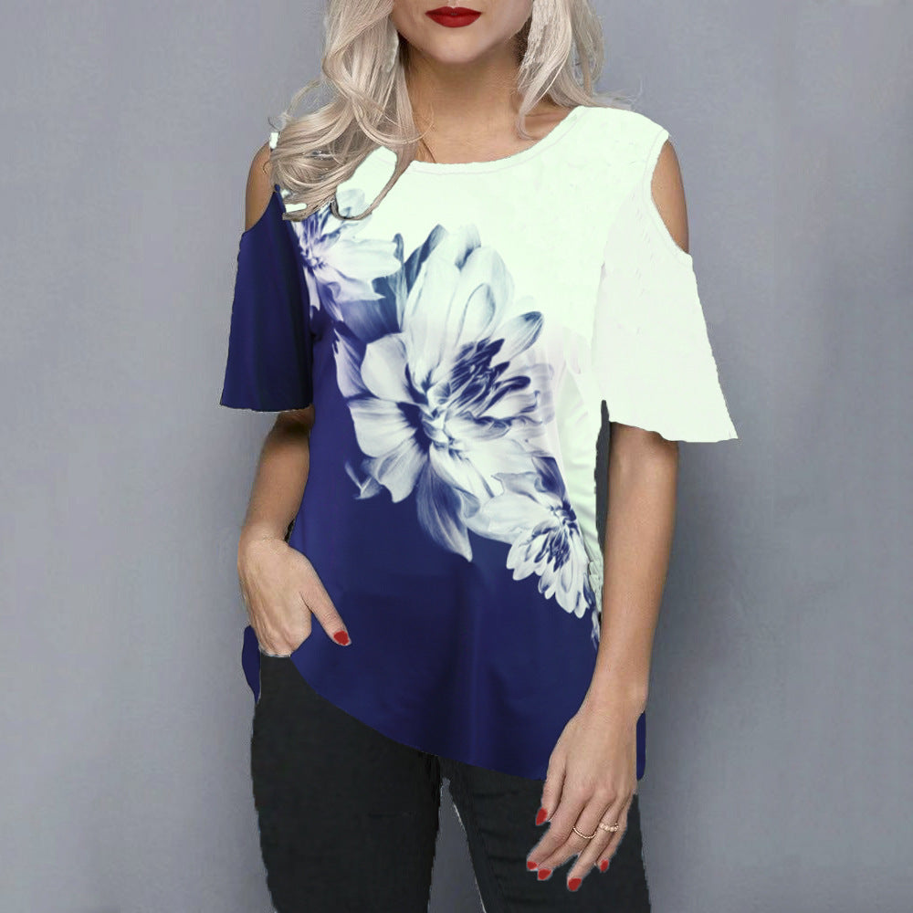 Women's Loose 3D Flower Print Round Neck Off Shoulder Short Sleeve T-Shirt