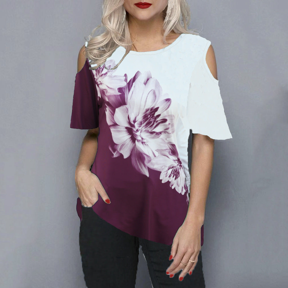 Women's Loose 3D Flower Print Round Neck Off Shoulder Short Sleeve T-Shirt