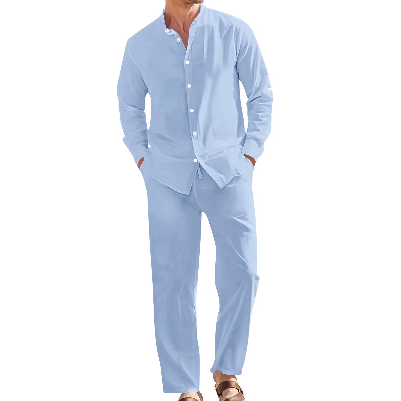 Men's Linen Casual Stand-Collar Shirt And Loose-Fit Trousers Set