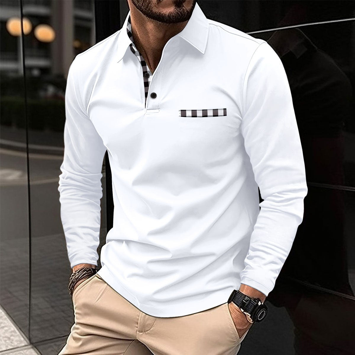 Casual Plaid Splicing Lapel Polo Shirt Fashion Solid Color Long Sleeve Top Men's Clothing