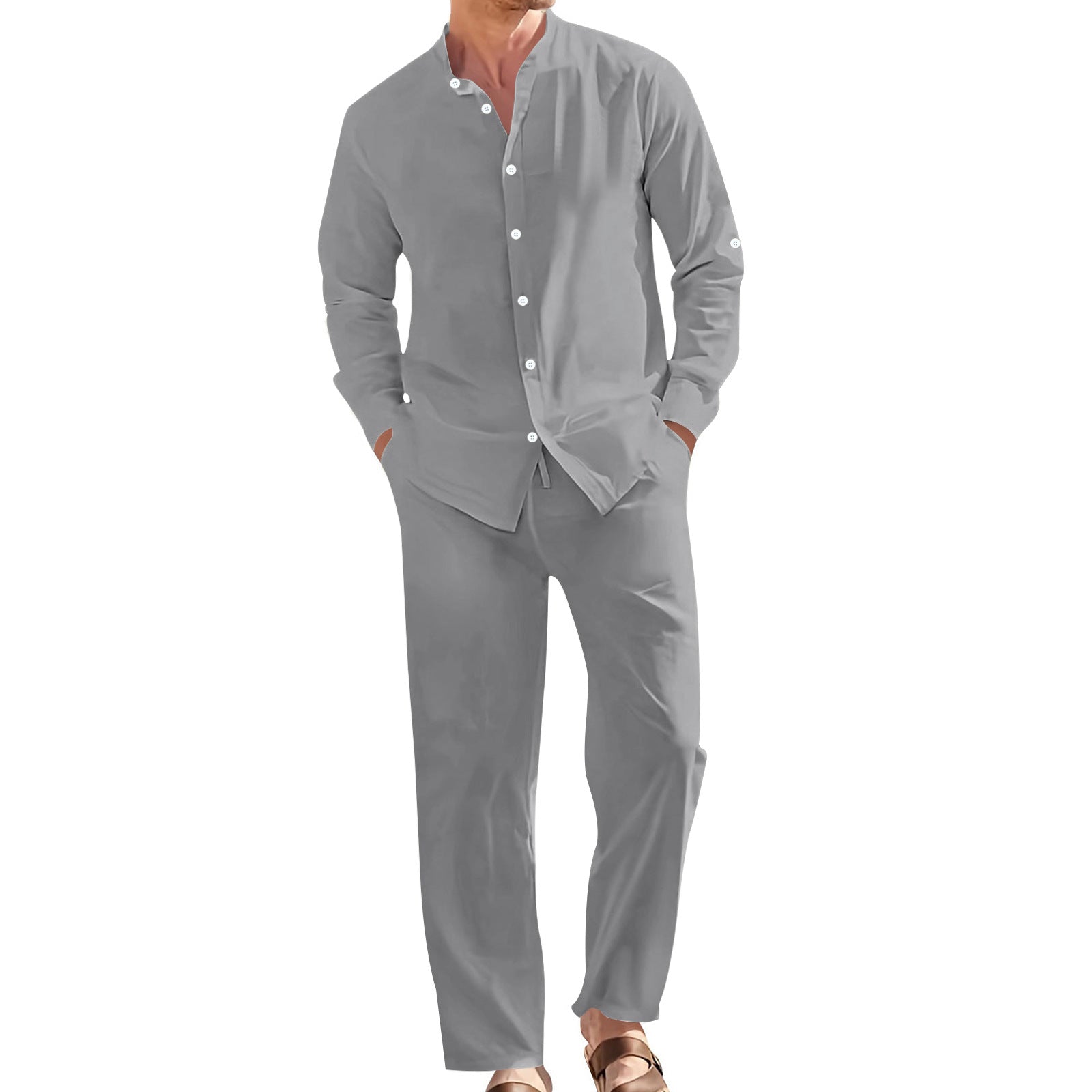 Men's Linen Casual Stand-Collar Shirt And Loose-Fit Trousers Set