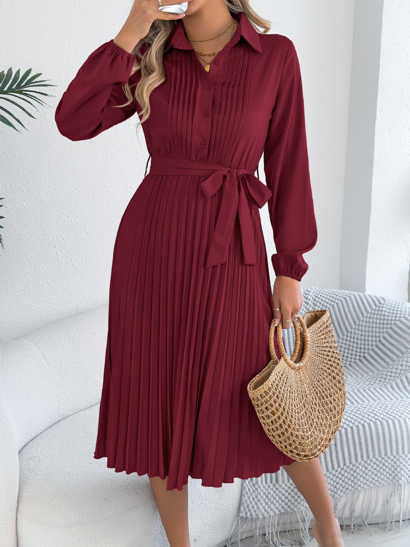 Solid Color Lapel Long Sleeve Waist Pleated Dress