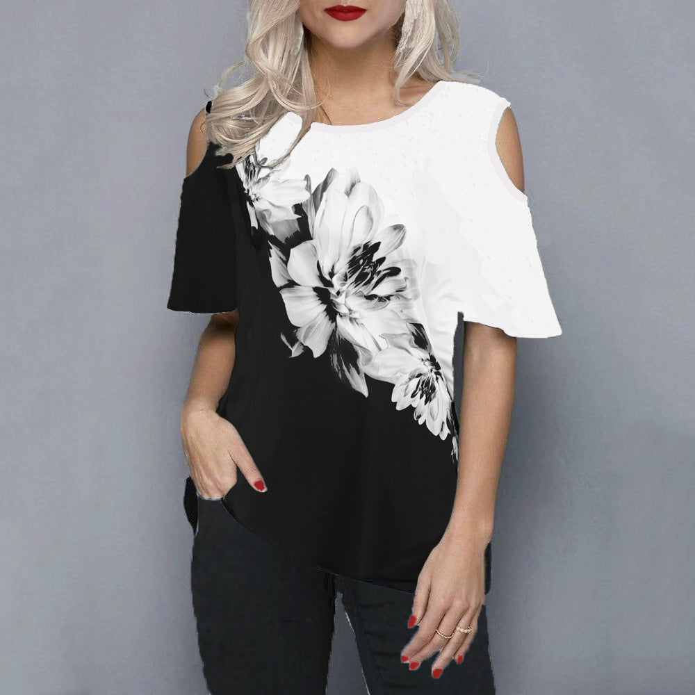 Women's Loose 3D Flower Print Round Neck Off Shoulder Short Sleeve T-Shirt