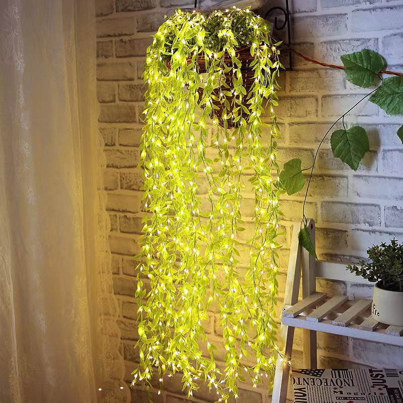 Green Leaf Rattan Copper Wire Curtain Light