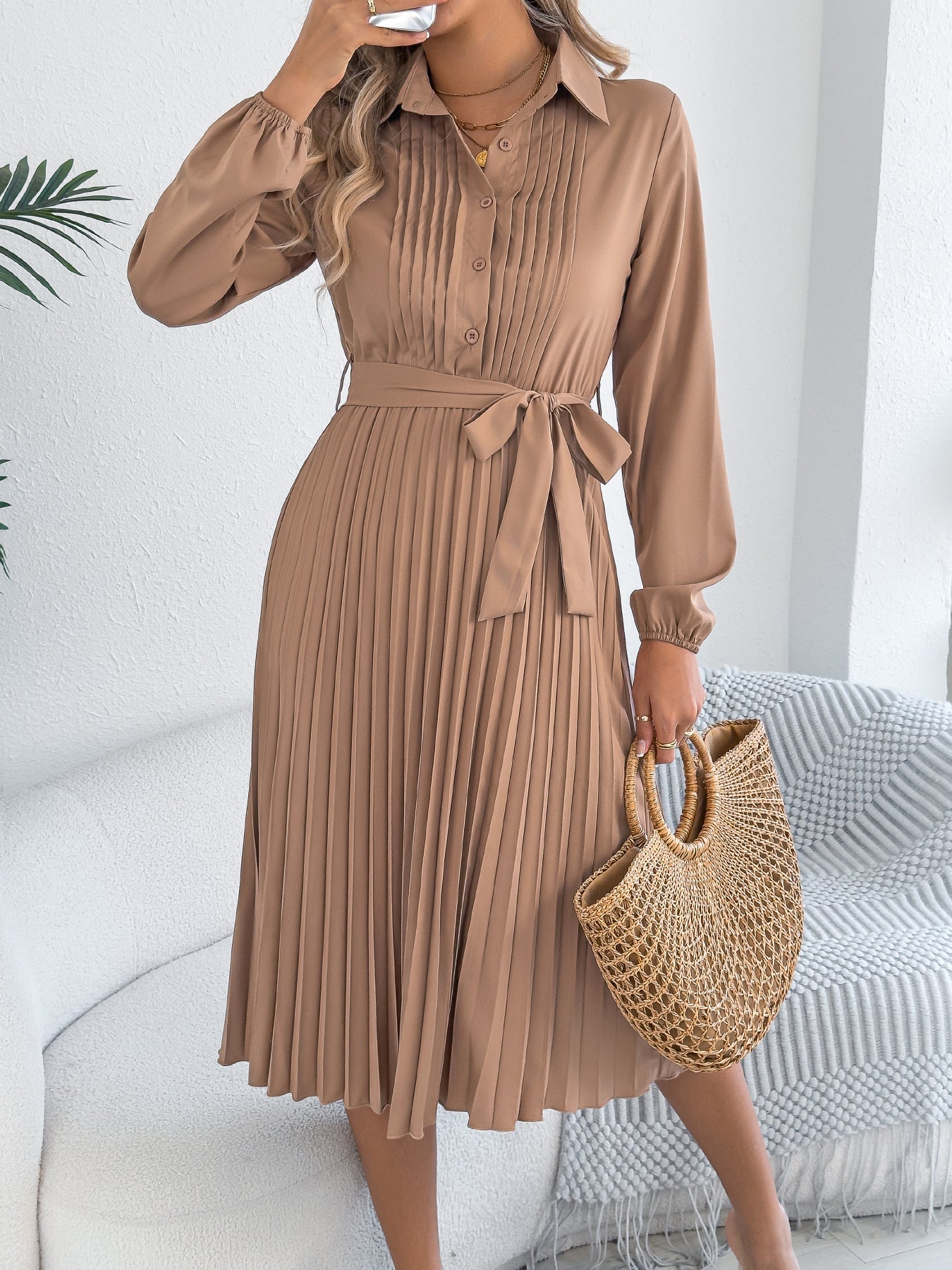Solid Color Lapel Long Sleeve Waist Pleated Dress